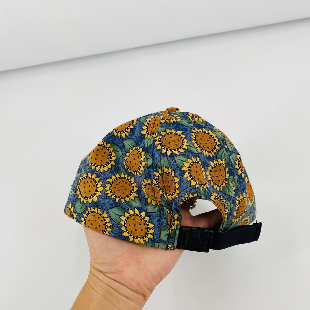 Vintage 90's Sunflower Print Baseball Cap OS Blue Yellow Floral Strapback Hat - Picture 5 of 5